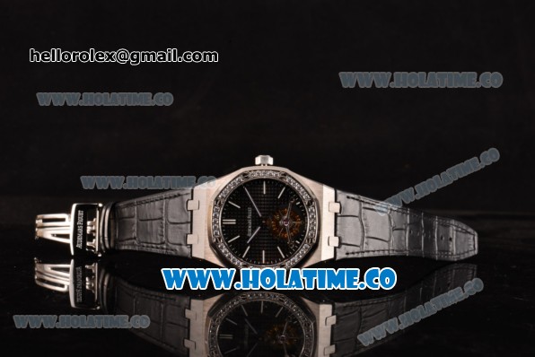 Audemars Piguet Royal Oak 41MM Swiss Tourbillon Manual Winding Steel Case with Diamonds Bezel Black Leather Strap and Black Dial (FT) - Click Image to Close